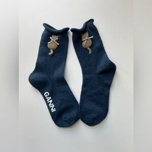 Ganni Dark Blue Wool Socks with Cat